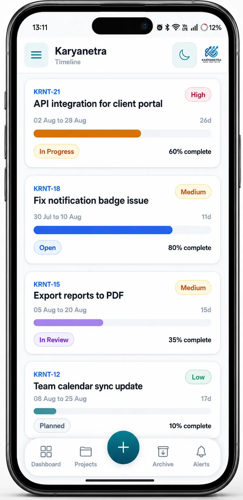 Karyanetra mobile app timeline preview